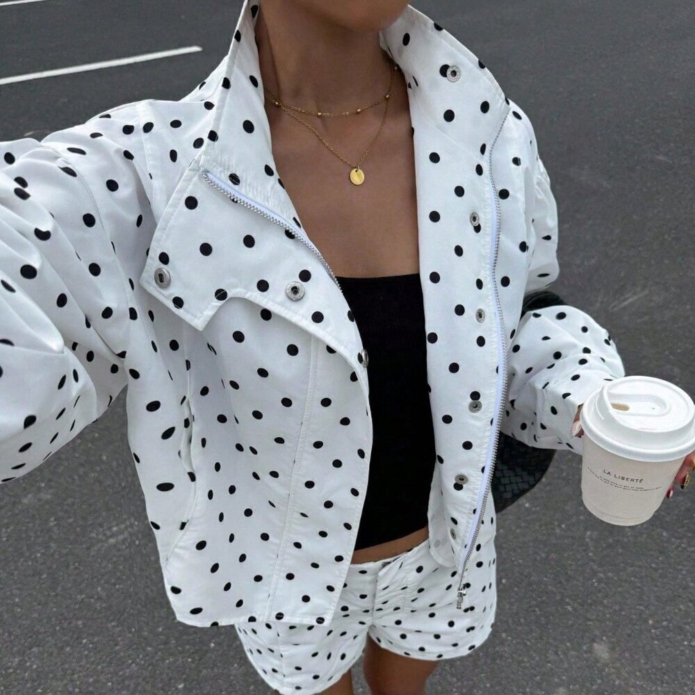 Casual Women's Polka Dot Print Long Sleeve Zip Front Jacket And Shorts set